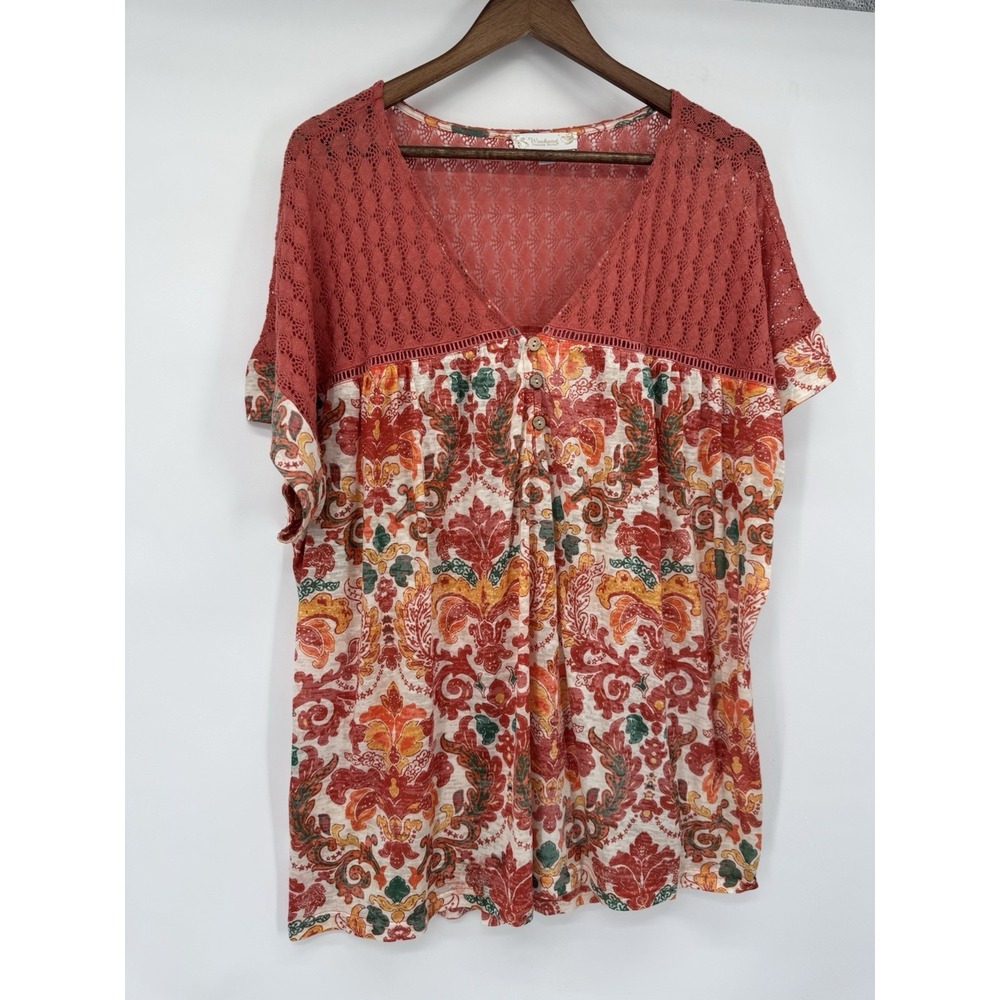 Multicolor Geometric Print Boho Lace 3X Soft Stretchy Sheer Blouse Artsy